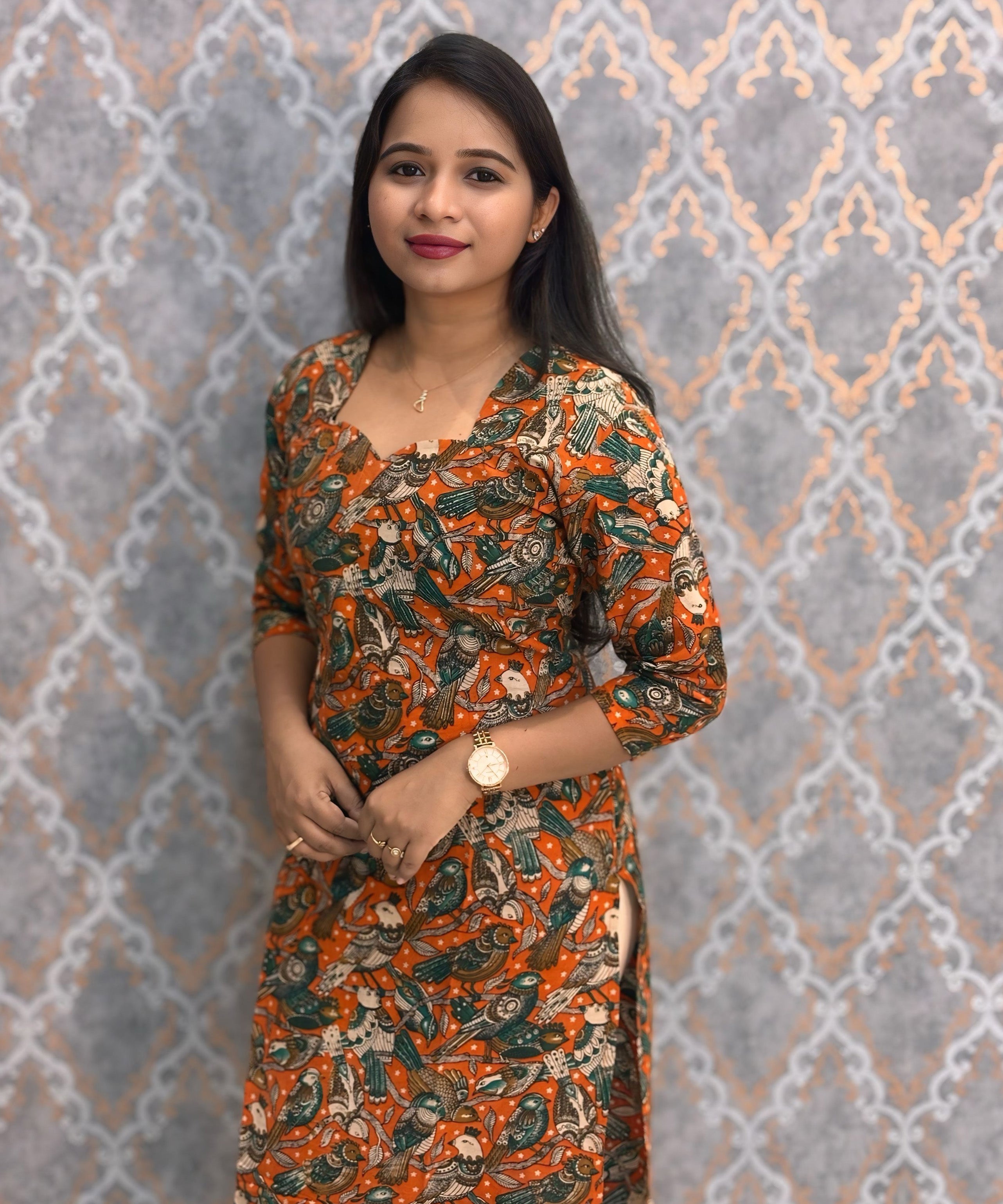 Orange and Green Color Hand Block Print Pen Kalamkari Cotton Kurti / LSS232