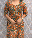 Orange and Green Color Hand Block Print Pen Kalamkari Cotton Kurti / LSS232