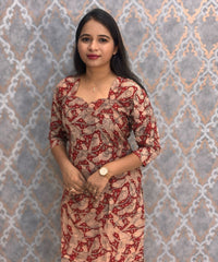 Maroon and Beige Color Hand Block Print Pen Kalamkari Cotton Kurti / LSS232