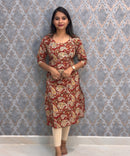 Red and Beige Color Hand Block Print Pen Kalamkari Cotton Kurti / LSS232