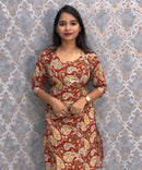 Red and Beige Color Hand Block Print Pen Kalamkari Cotton Kurti / LSS232
