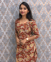 Red and Beige Color Hand Block Print Pen Kalamkari Cotton Kurti / LSS232
