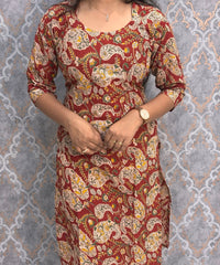 Red and Beige Color Hand Block Print Pen Kalamkari Cotton Kurti / LSS232