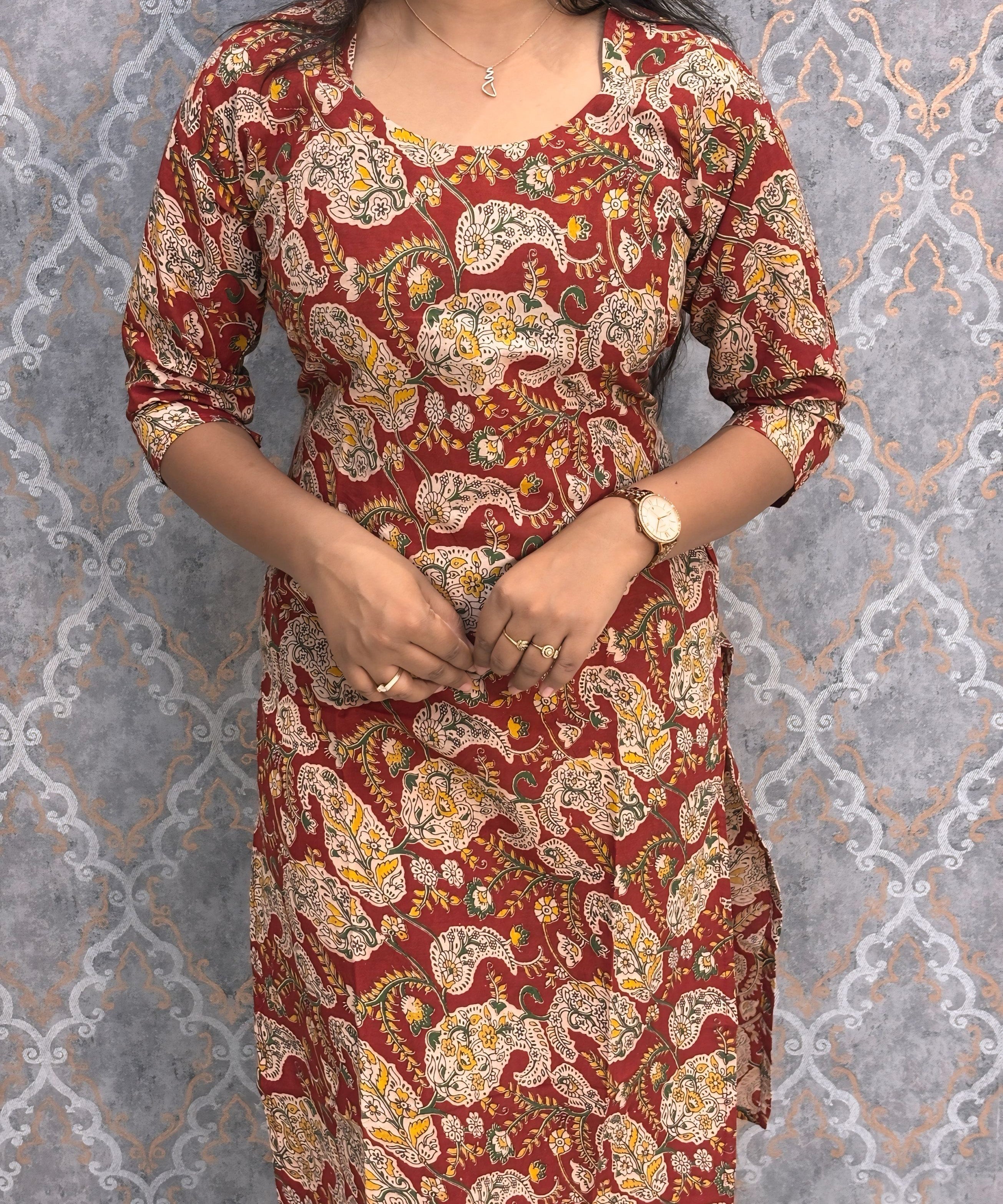 Red and Beige Color Hand Block Print Pen Kalamkari Cotton Kurti / LSS232