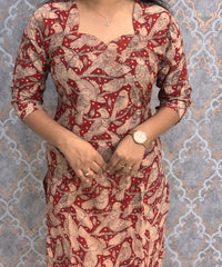 Maroon and Beige Color Hand Block Print Pen Kalamkari Cotton Kurti / LSS232