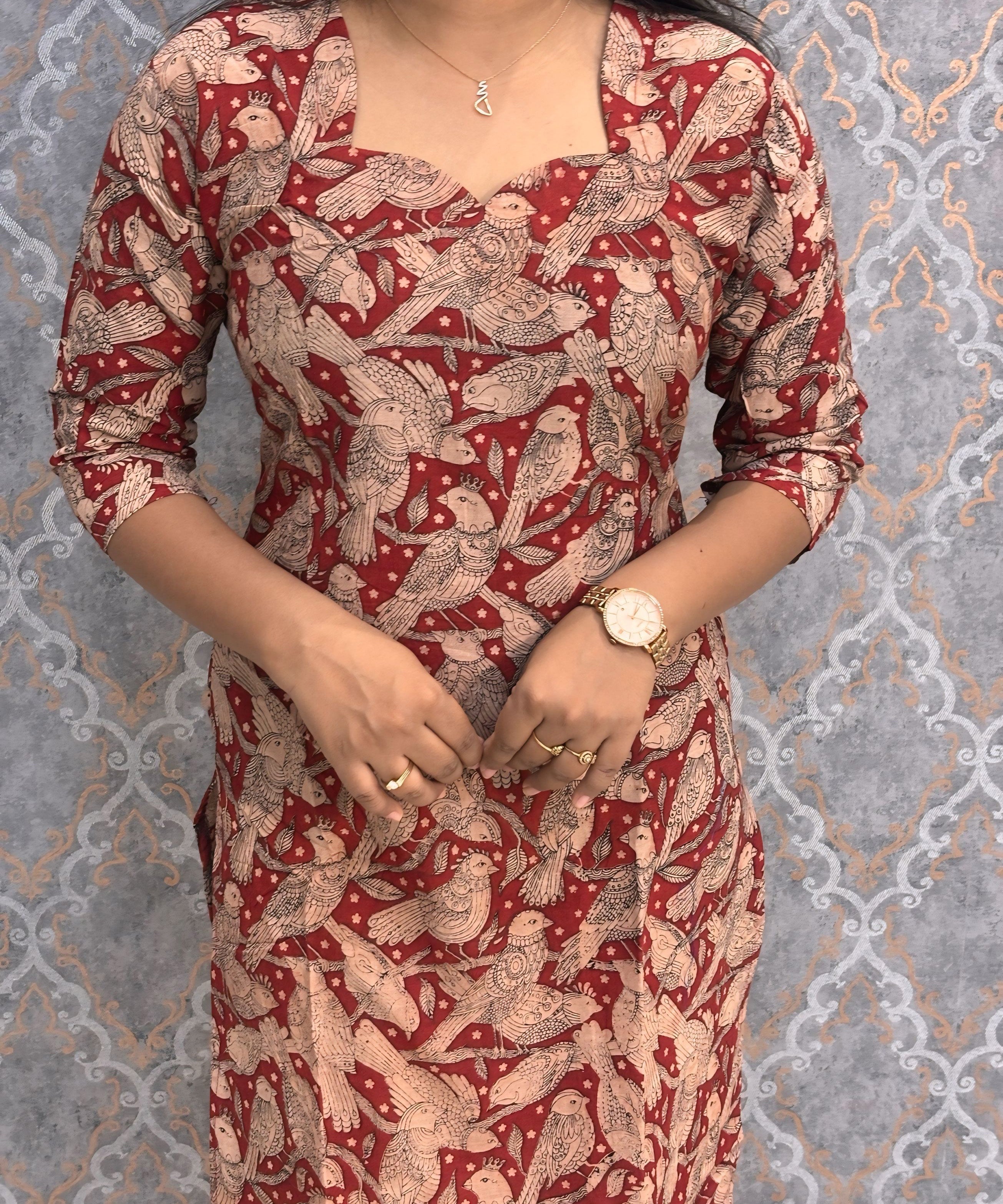 Maroon and Beige Color Hand Block Print Pen Kalamkari Cotton Kurti / LSS232