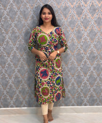 Green and Blue Color Hand Block Print Pen Kalamkari Cotton Kurti / LSS232