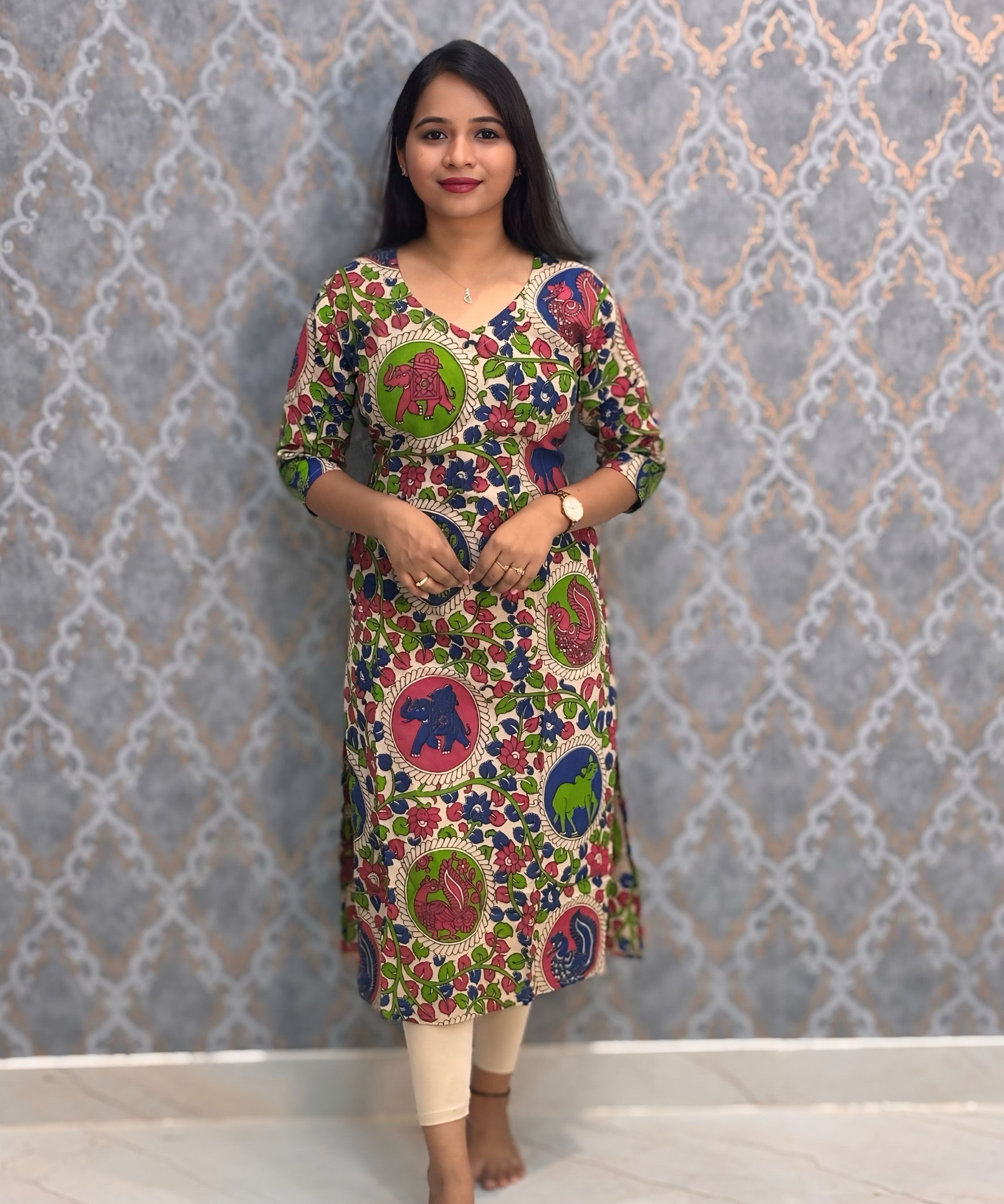 Green and Blue Color Hand Block Print Pen Kalamkari Cotton Kurti / LSS232