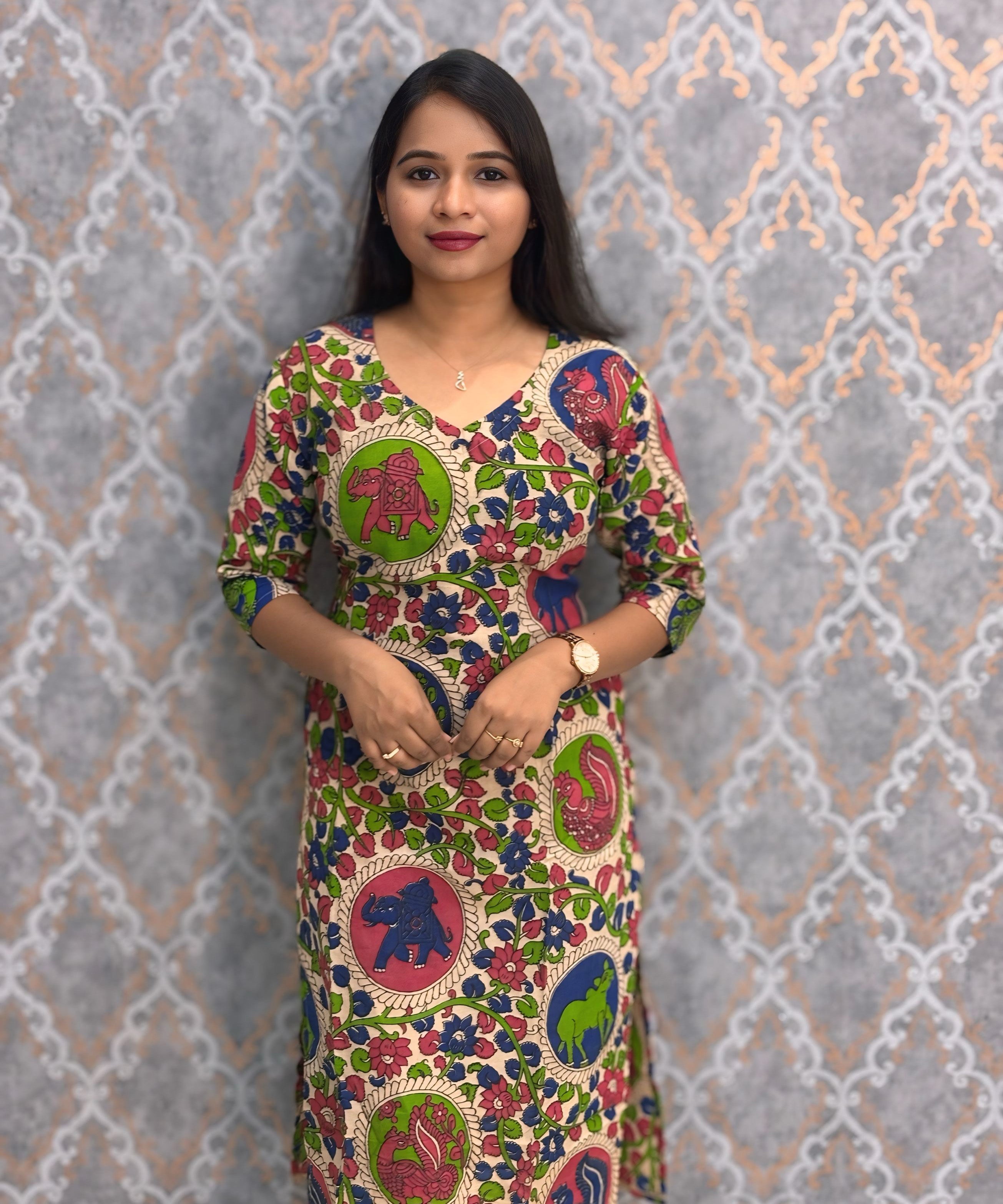 Green and Blue Color Hand Block Print Pen Kalamkari Cotton Kurti / LSS232