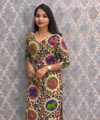 Green and Blue Color Hand Block Print Pen Kalamkari Cotton Kurti / LSS232