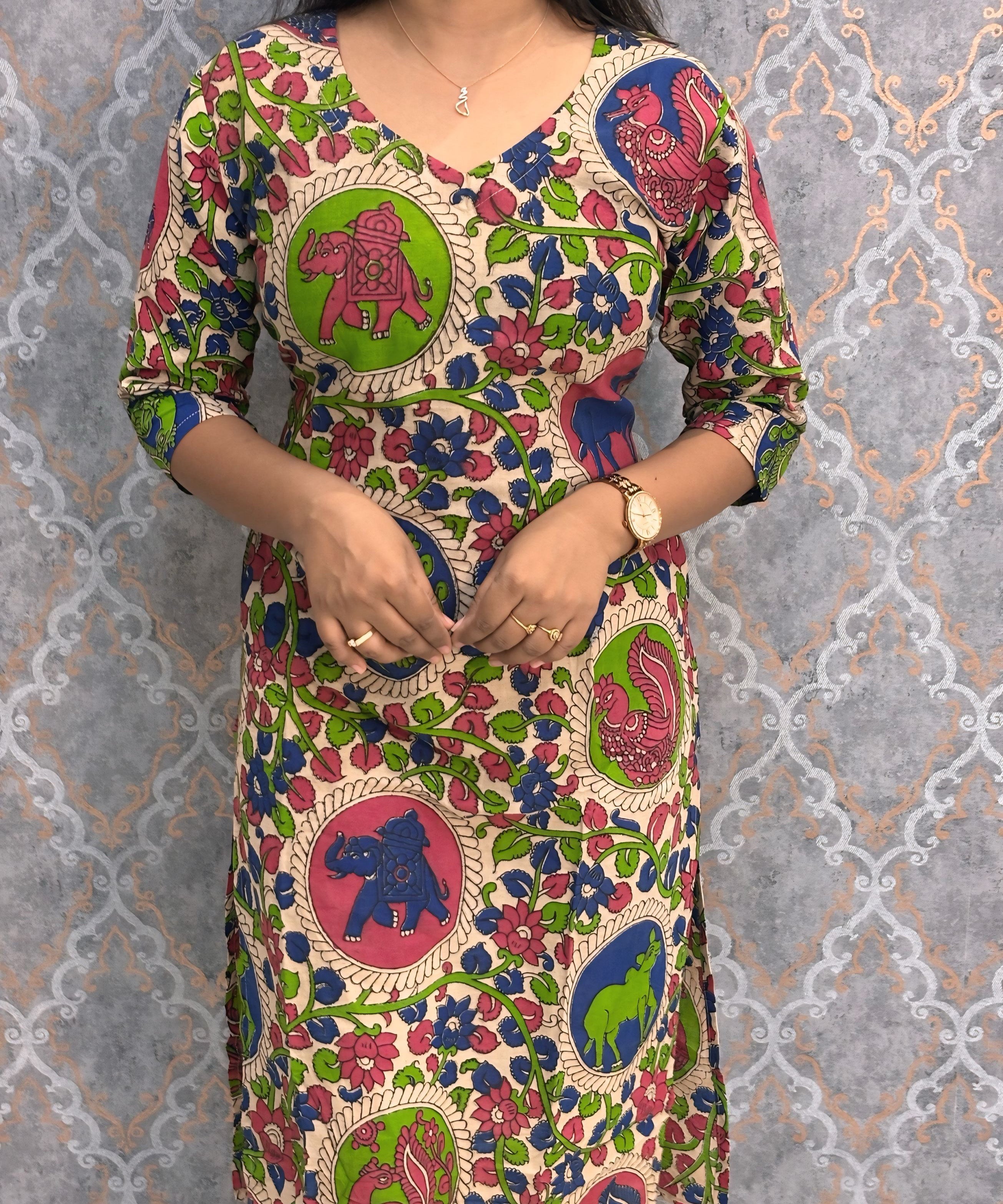 Green and Blue Color Hand Block Print Pen Kalamkari Cotton Kurti / LSS232