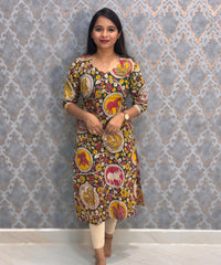 Green and Yellow Color Hand Block Print Pen Kalamkari Cotton Kurti / LSS232
