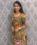 Green and Yellow Color Hand Block Print Pen Kalamkari Cotton Kurti / LSS232