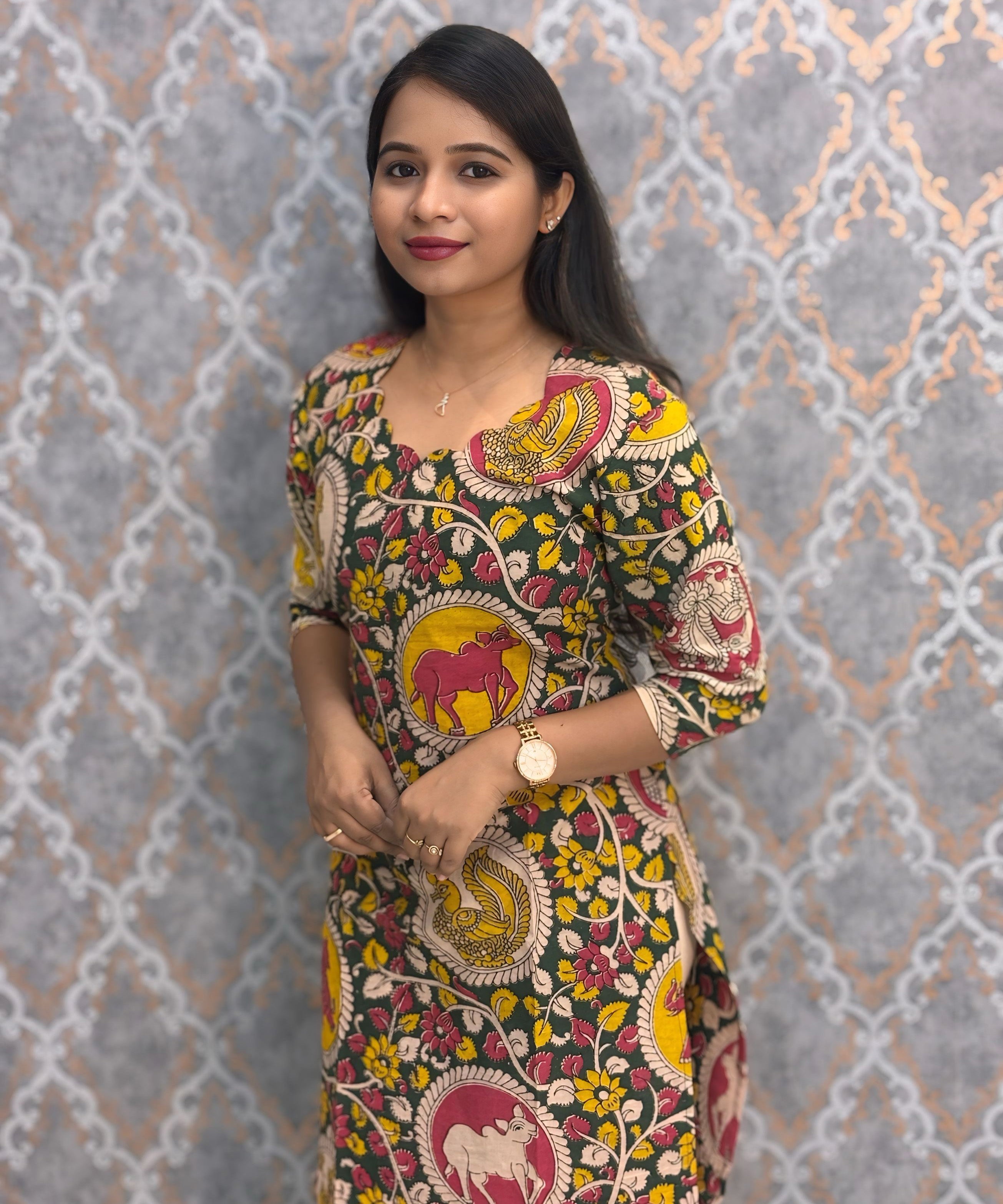Green and Yellow Color Hand Block Print Pen Kalamkari Cotton Kurti / LSS232