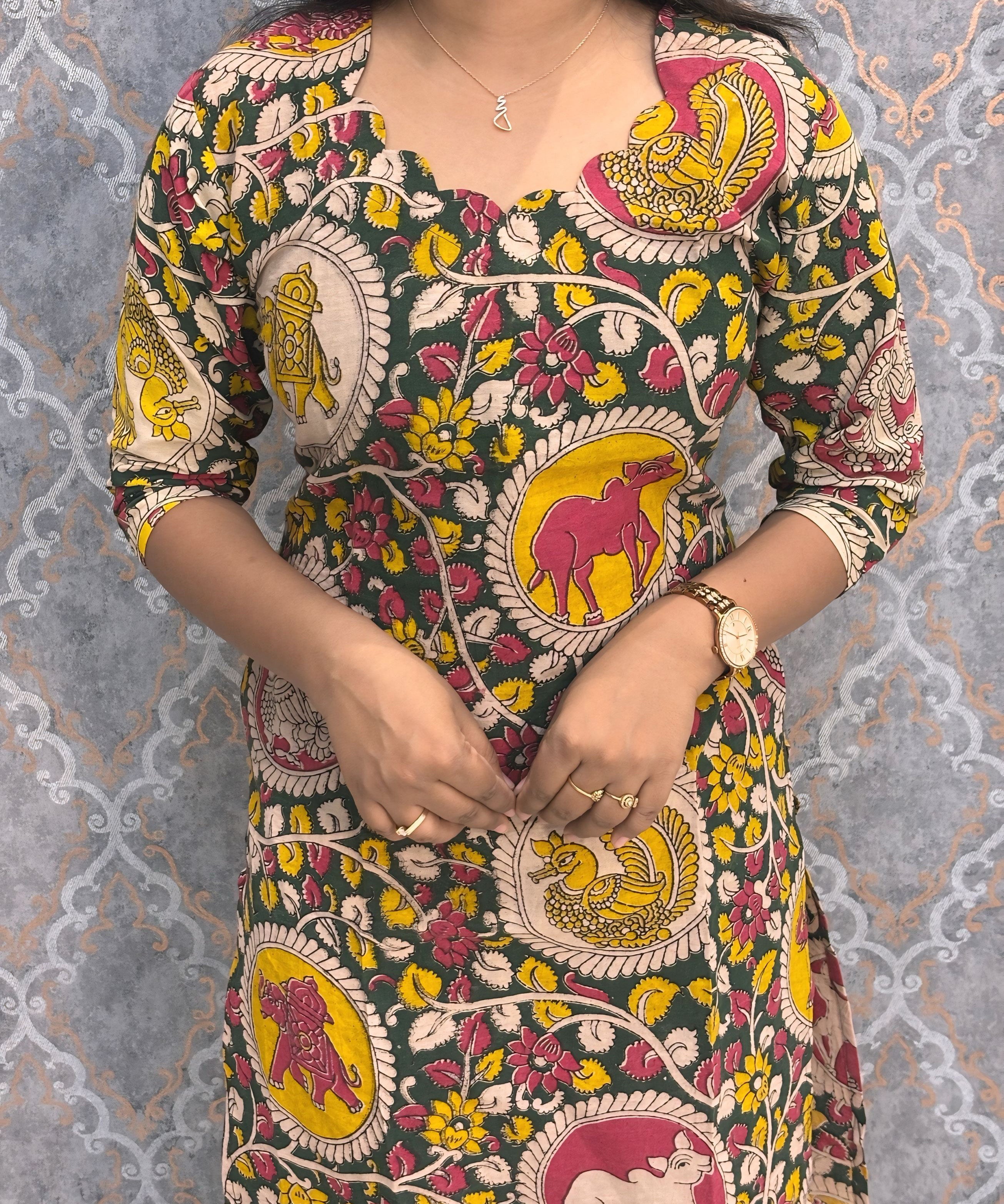 Green and Yellow Color Hand Block Print Pen Kalamkari Cotton Kurti / LSS232