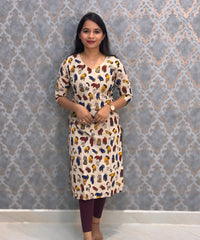 Beige and Multicolor Hand Block Print Pen Kalamkari Cotton Kurti / LSS232
