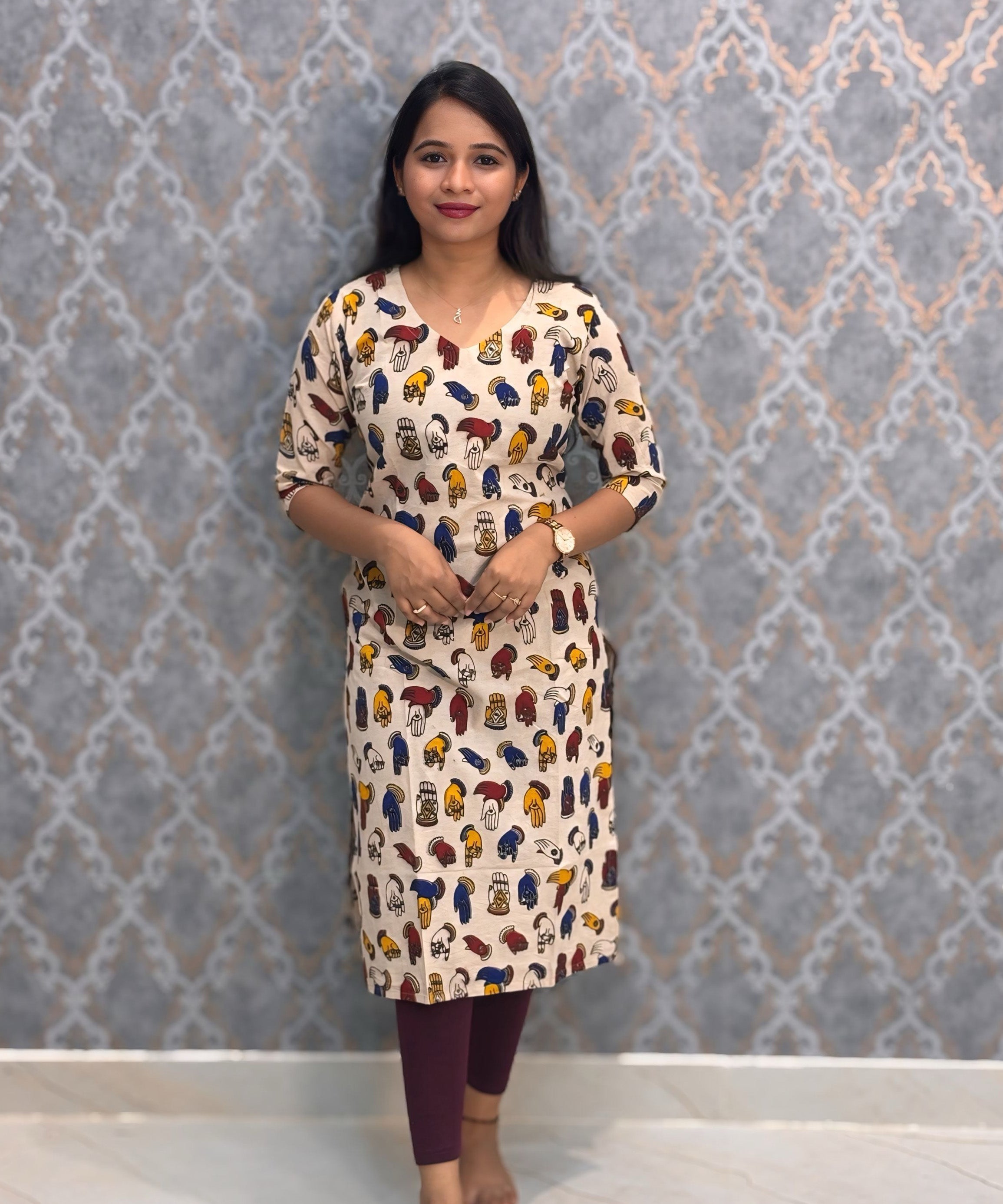 Beige and Multicolor Hand Block Print Pen Kalamkari Cotton Kurti / LSS232