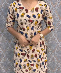 Beige and Multicolor Hand Block Print Pen Kalamkari Cotton Kurti / LSS232