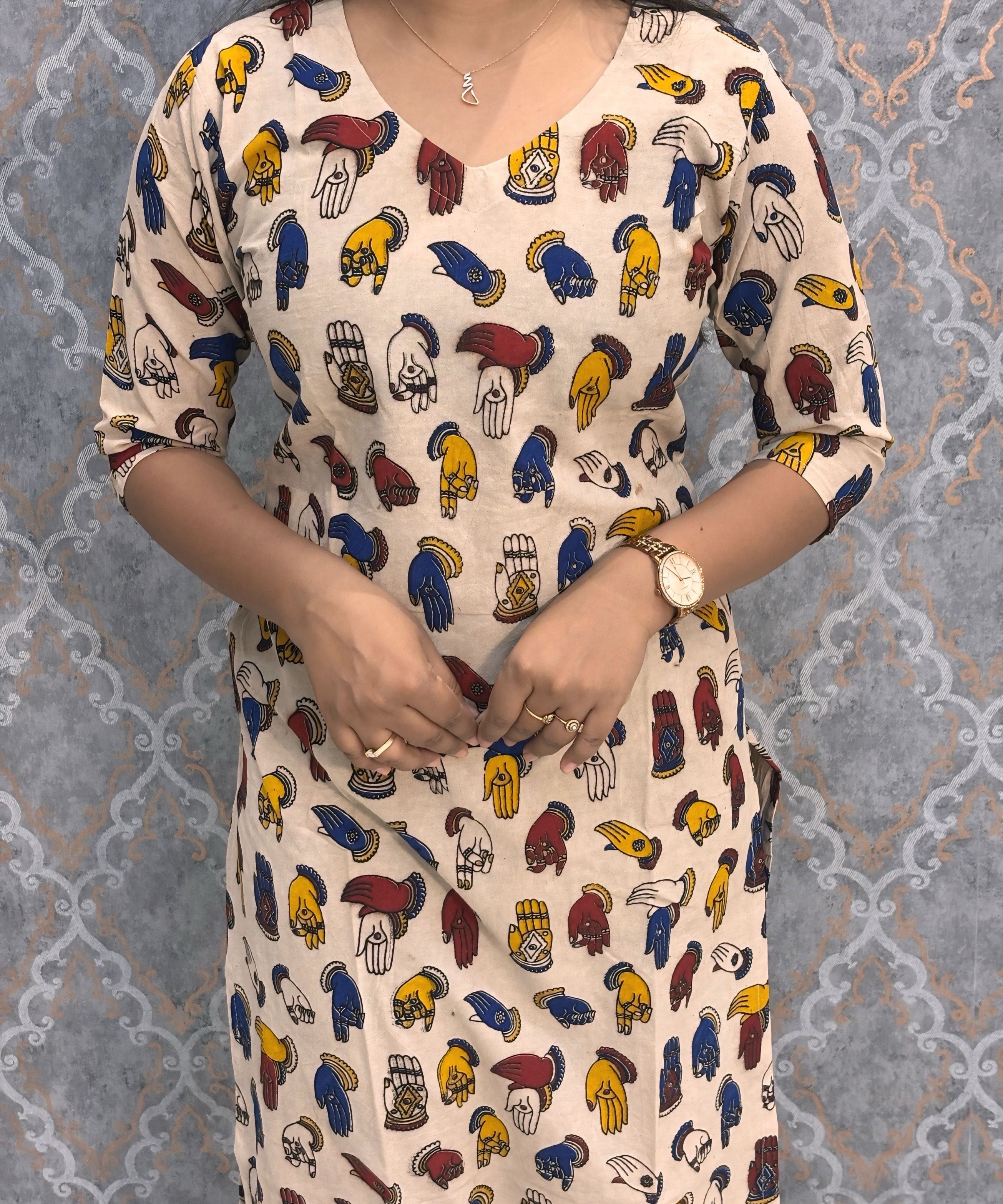 Beige and Multicolor Hand Block Print Pen Kalamkari Cotton Kurti / LSS232