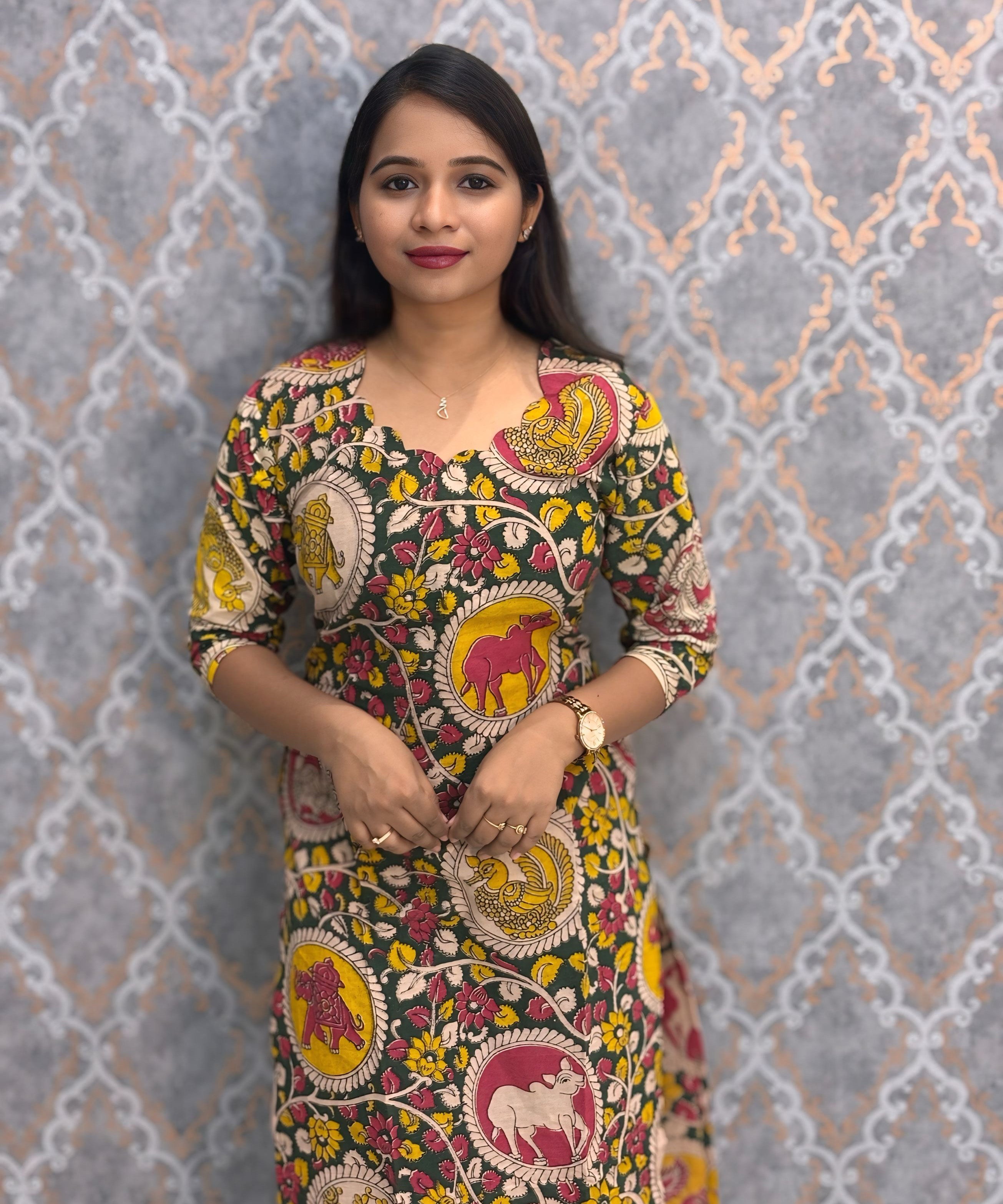 Green and Yellow Color Hand Block Print Pen Kalamkari Cotton Kurti / LSS232