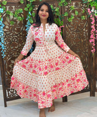 Pink and Half White Premium Cotton Anarkali Kurti / ESS336