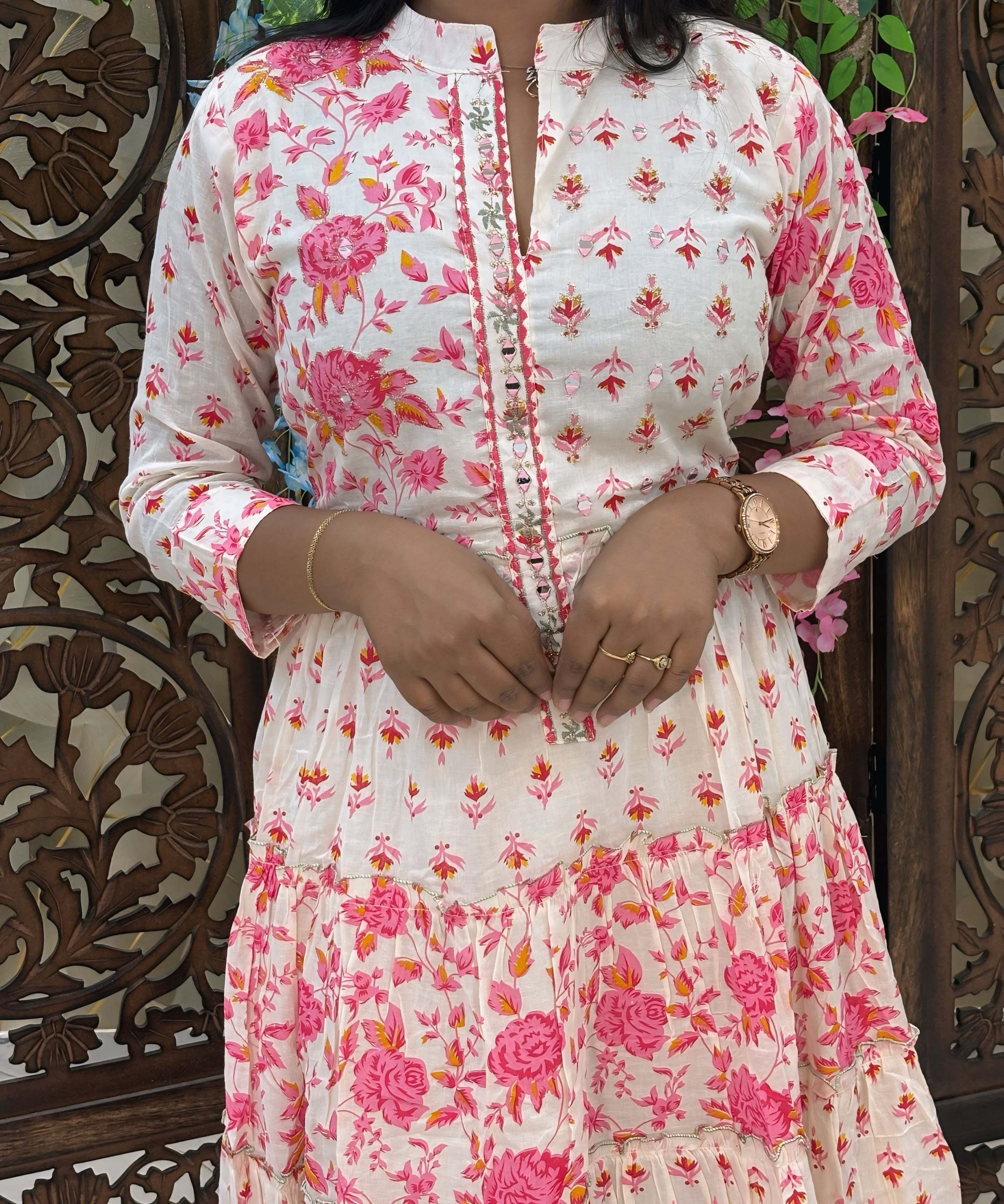 Pink and Half White Premium Cotton Anarkali Kurti / ESS336