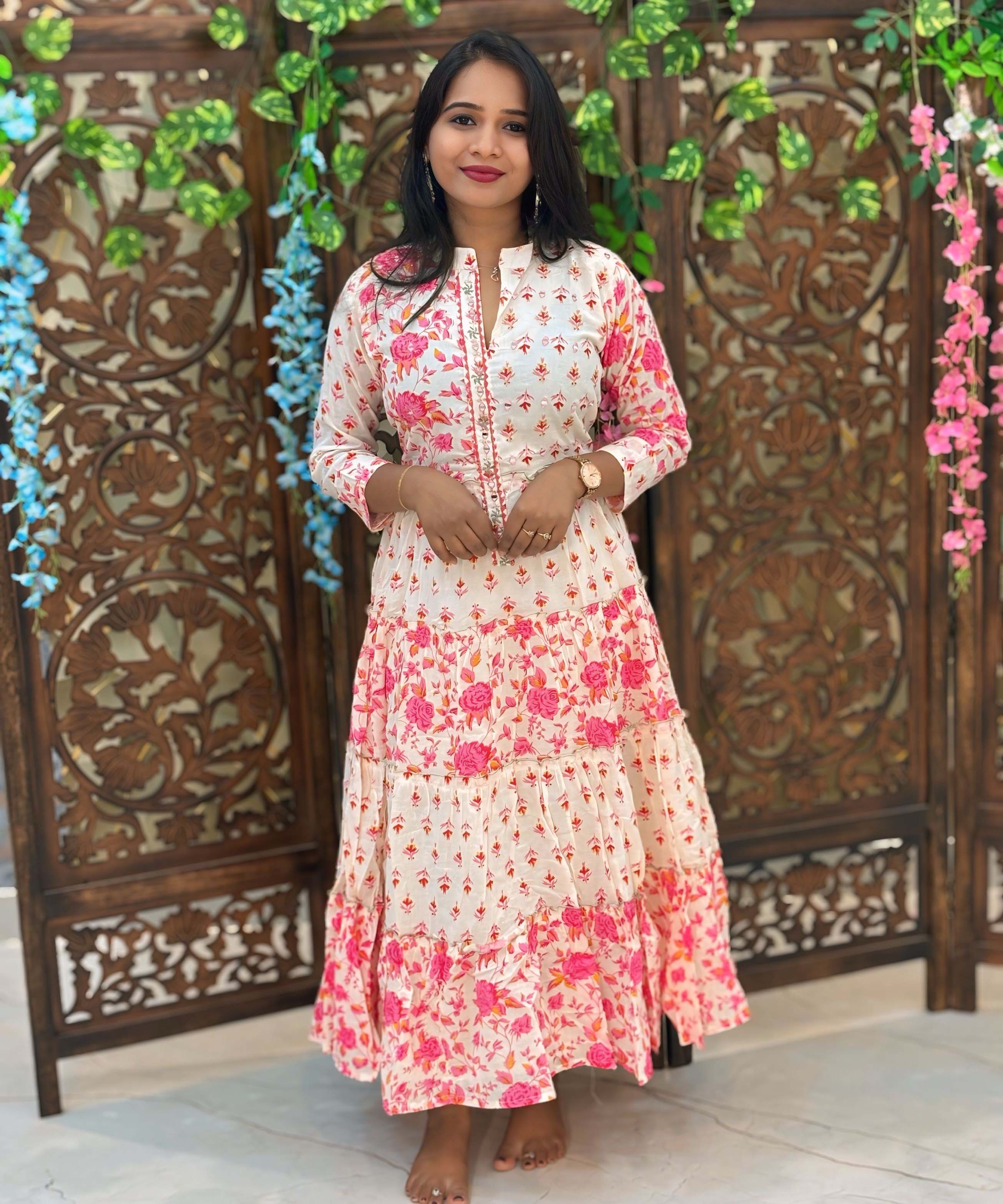 Pink and Half White Premium Cotton Anarkali Kurti / ESS336