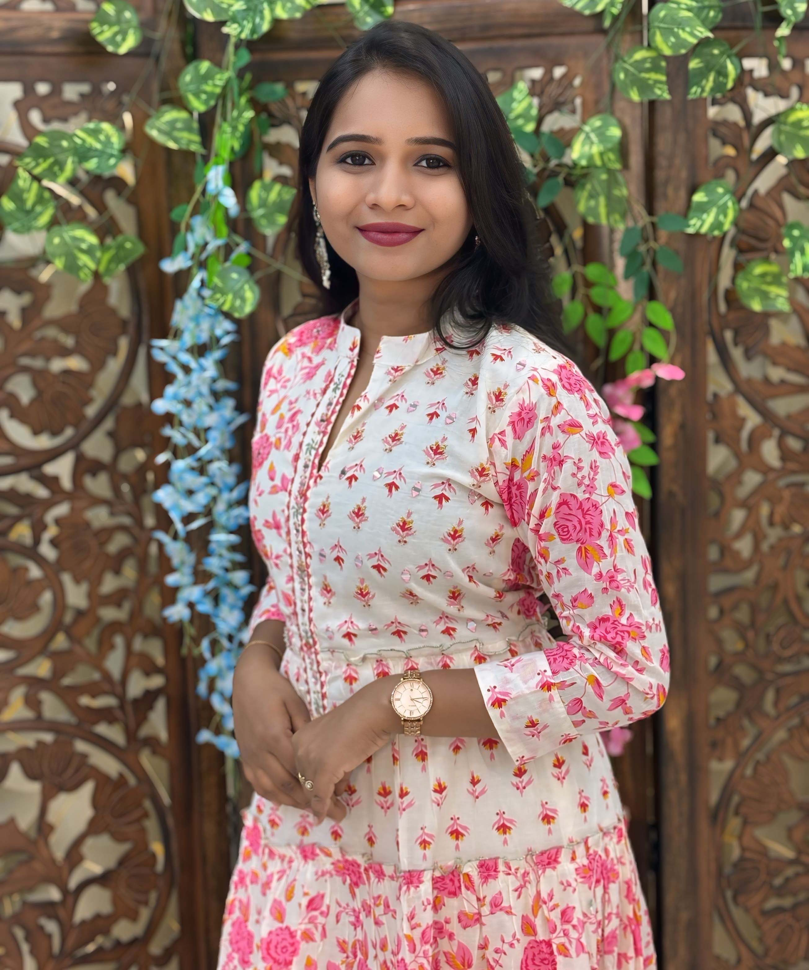 Pink and Half White Premium Cotton Anarkali Kurti / ESS336