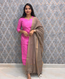 Pink and Warm Taupe Premium Handloom Cotton 3 Piece Salwar Set / HL005