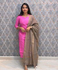 Pink and Warm Taupe Premium Handloom Cotton 3 Piece Salwar Set / HL005