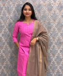 Pink and Warm Taupe Premium Handloom Cotton 3 Piece Salwar Set / HL005