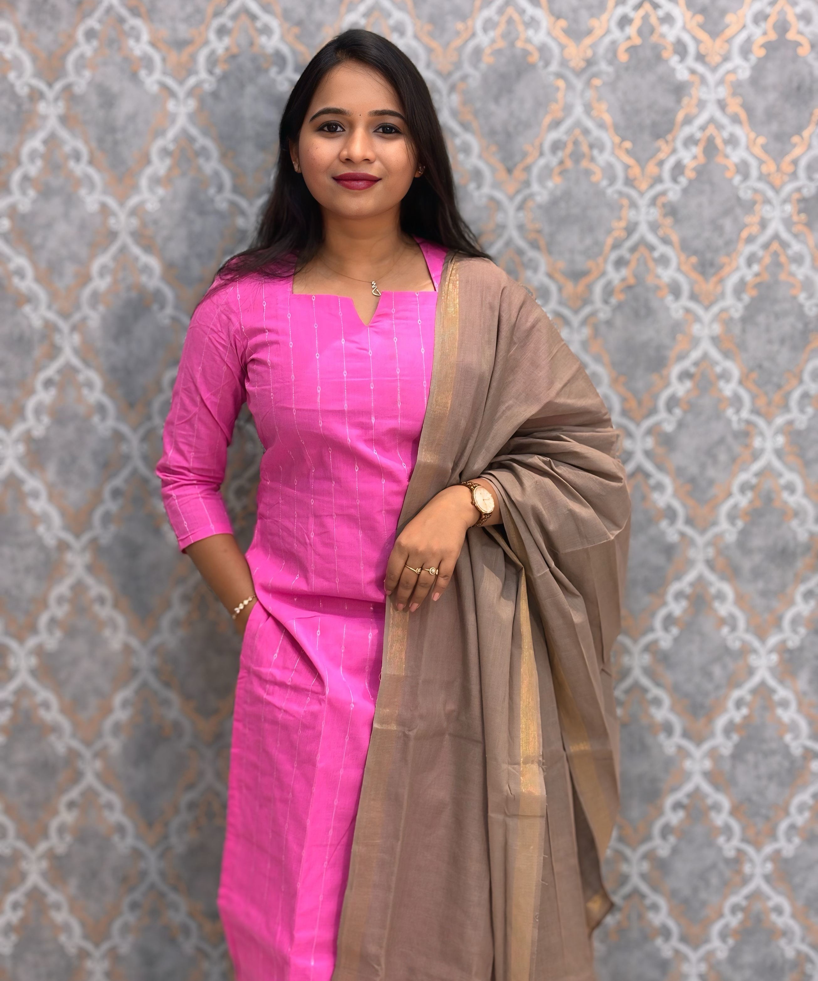 Pink and Warm Taupe Premium Handloom Cotton 3 Piece Salwar Set / HL005