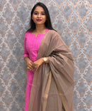 Pink and Warm Taupe Premium Handloom Cotton 3 Piece Salwar Set / HL005
