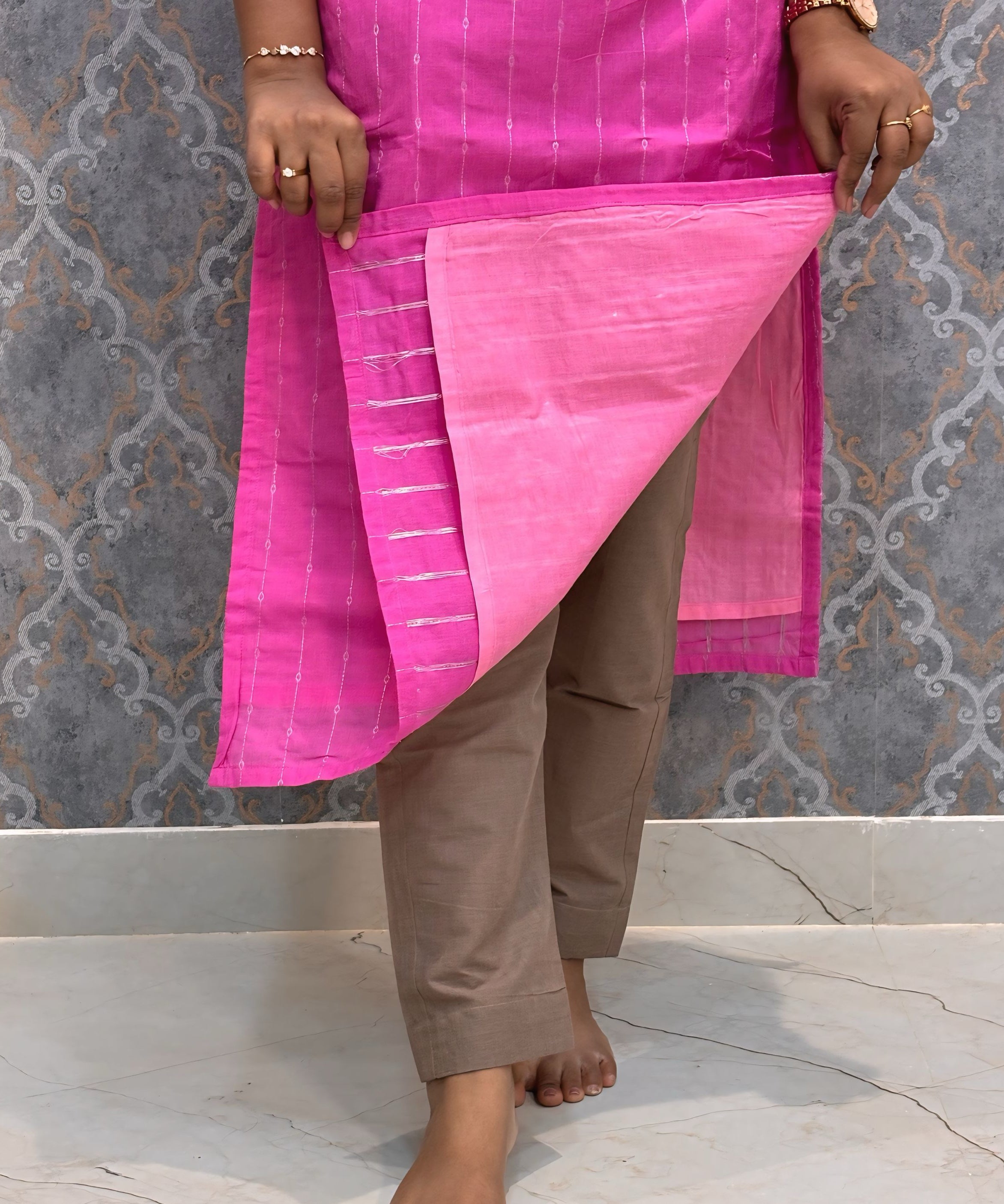 Pink and Warm Taupe Premium Handloom Cotton 3 Piece Salwar Set / HL005