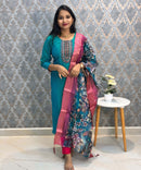 Rama Green and Pink Color Premium 3 Piece Salwar Set with Printed Organza Dupatta / ESS359