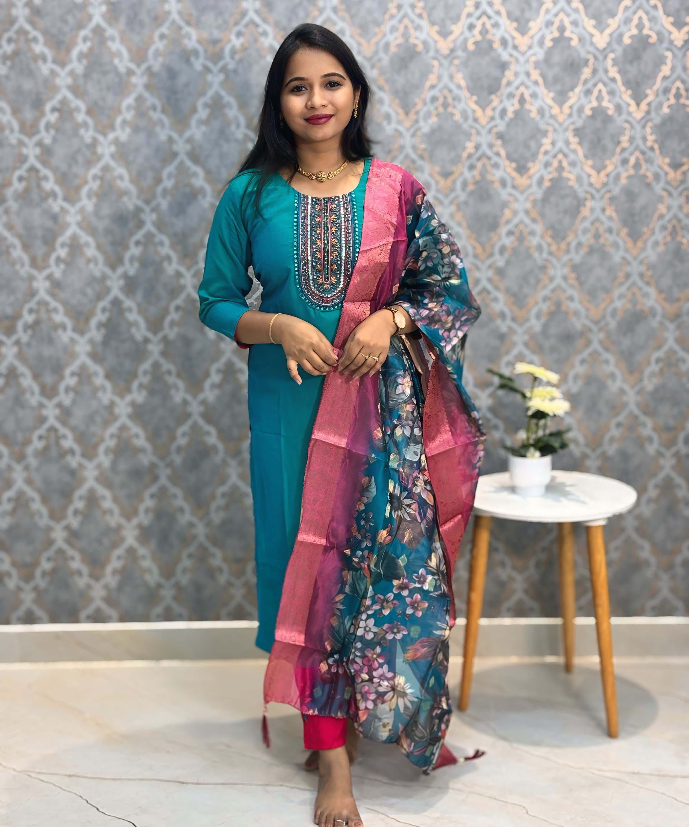 Rama Green and Pink Color Premium 3 Piece Salwar Set with Printed Organza Dupatta / ESS359