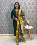 Dark Green and Yellow Color Premium 3 Piece Salwar Set with Printed Organza Dupatta / ESS359