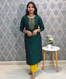 Dark Green and Yellow Color Premium 3 Piece Salwar Set with Printed Organza Dupatta / ESS359