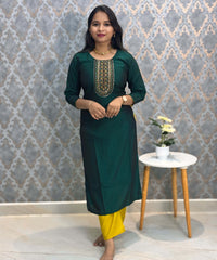 Dark Green and Yellow Color Premium 3 Piece Salwar Set with Printed Organza Dupatta / ESS359