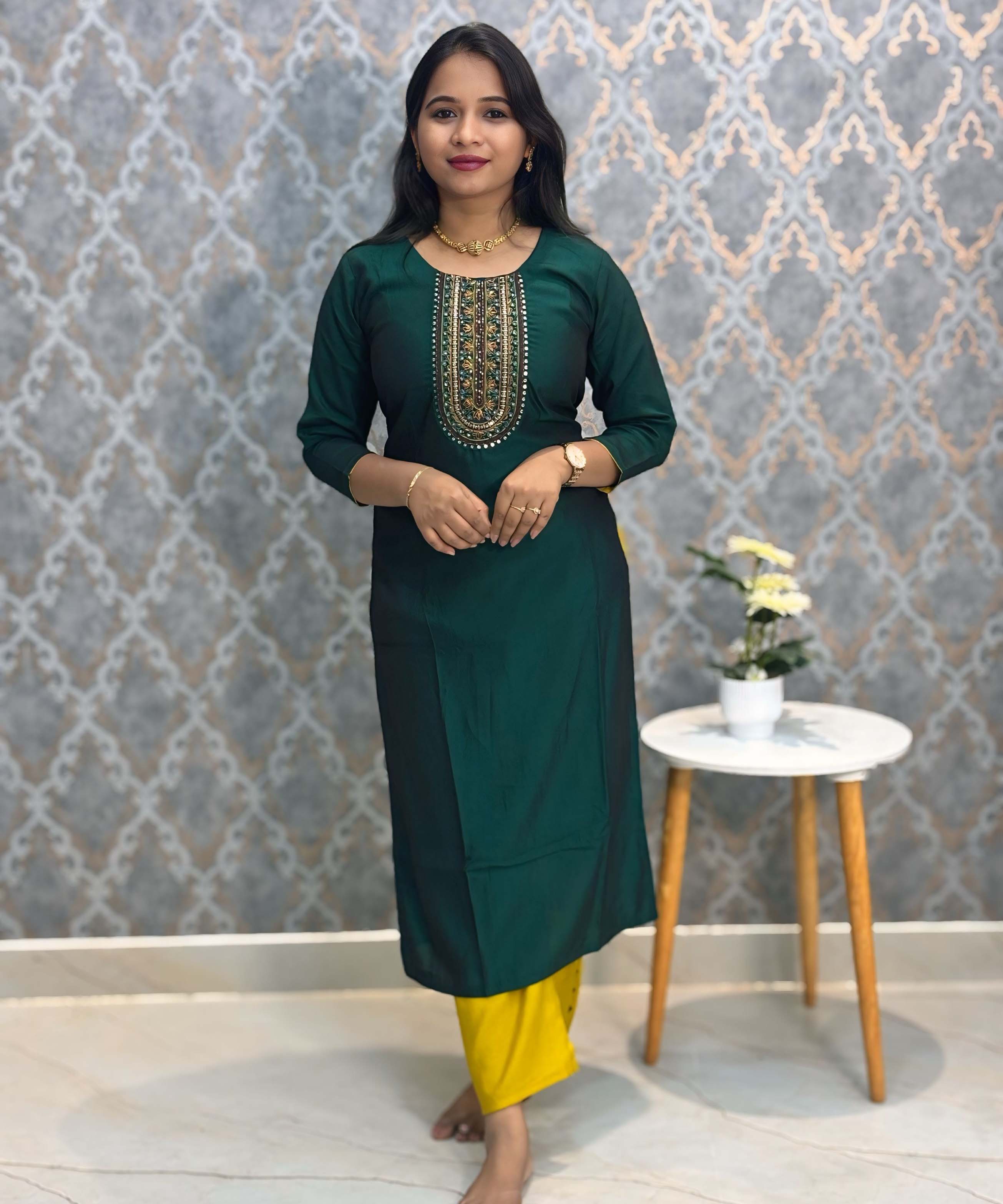 Dark Green and Yellow Color Premium 3 Piece Salwar Set with Printed Organza Dupatta / ESS359