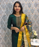 Dark Green and Yellow Color Premium 3 Piece Salwar Set with Printed Organza Dupatta / ESS359