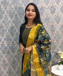 Dark Green and Yellow Color Premium 3 Piece Salwar Set with Printed Organza Dupatta / ESS359