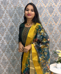 Dark Green and Yellow Color Premium 3 Piece Salwar Set with Printed Organza Dupatta / ESS359
