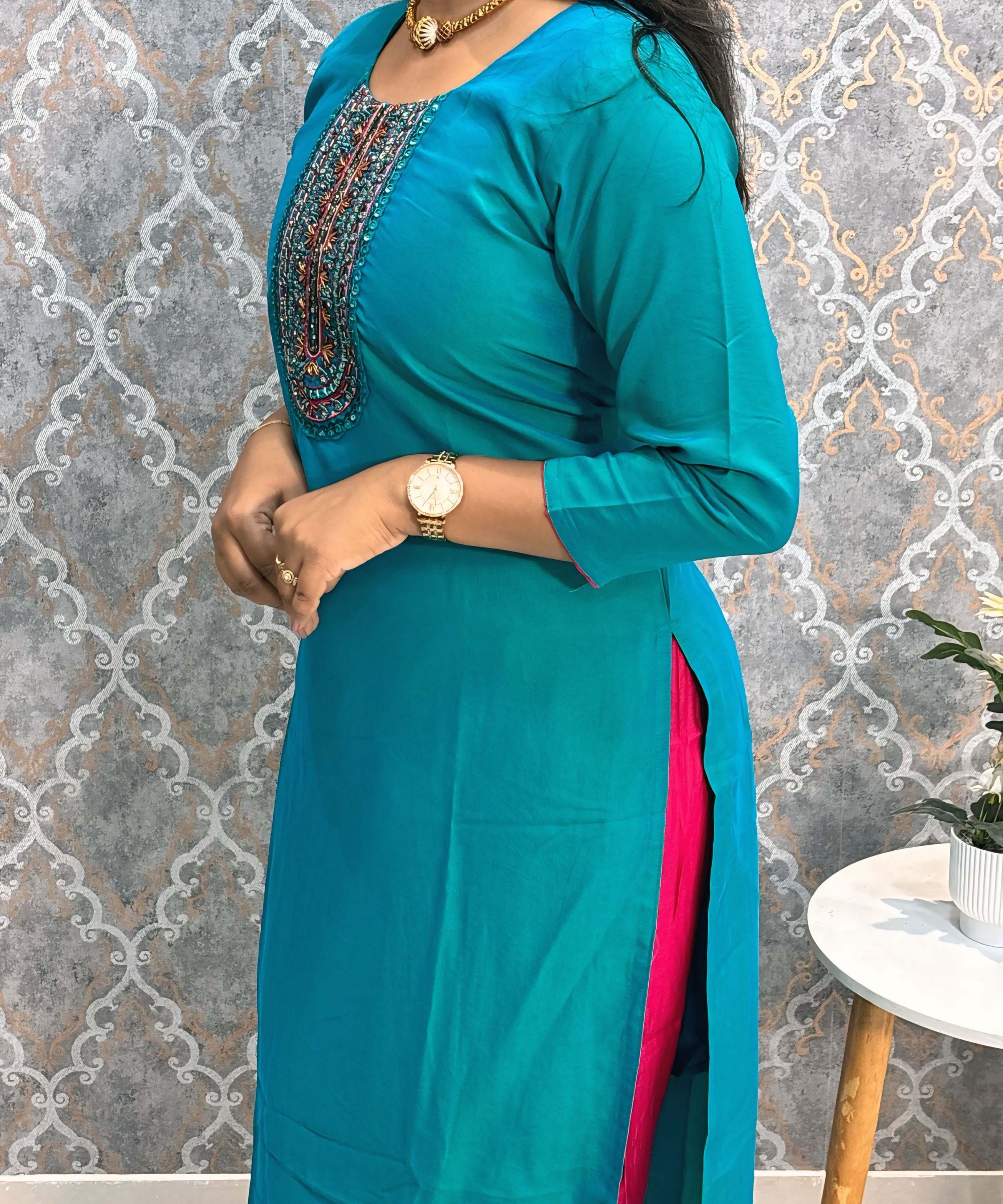 Rama Green and Pink Color Premium 3 Piece Salwar Set with Printed Organza Dupatta / ESS359