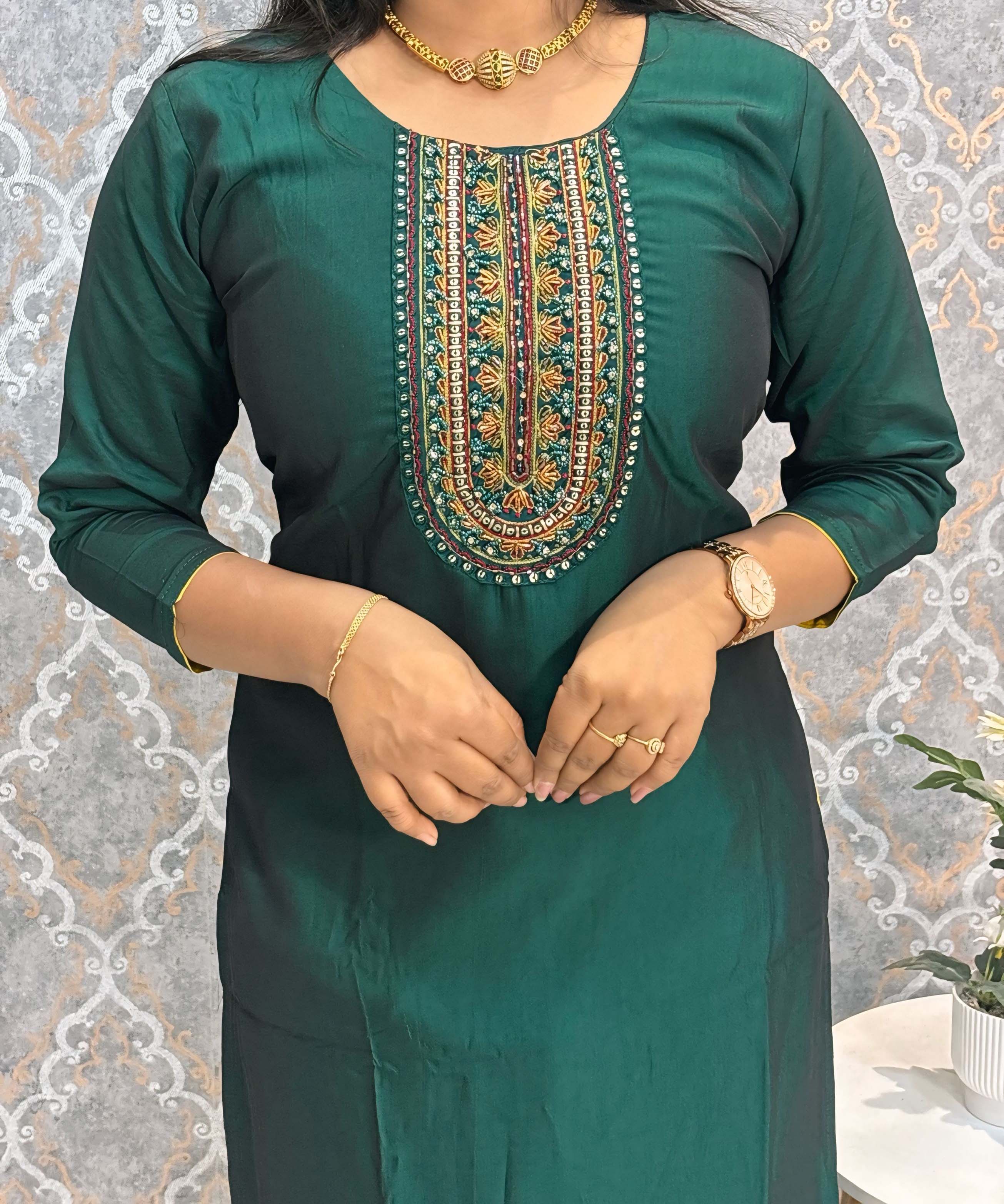 Dark Green and Yellow Color Premium 3 Piece Salwar Set with Printed Organza Dupatta / ESS359