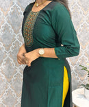 Dark Green and Yellow Color Premium 3 Piece Salwar Set with Printed Organza Dupatta / ESS359