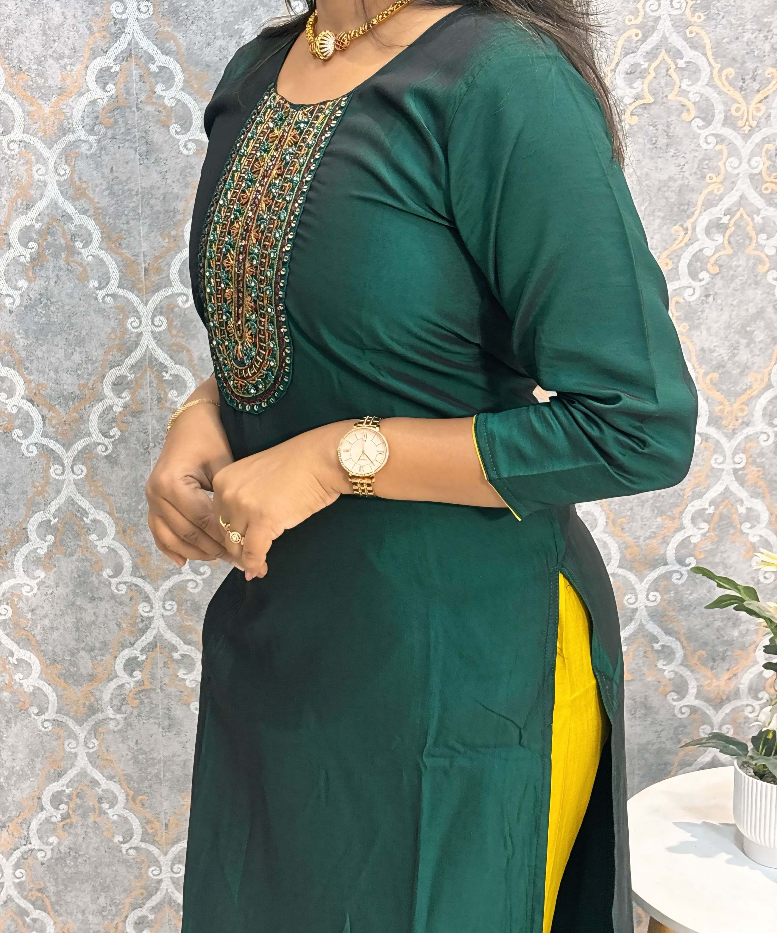 Dark Green and Yellow Color Premium 3 Piece Salwar Set with Printed Organza Dupatta / ESS359