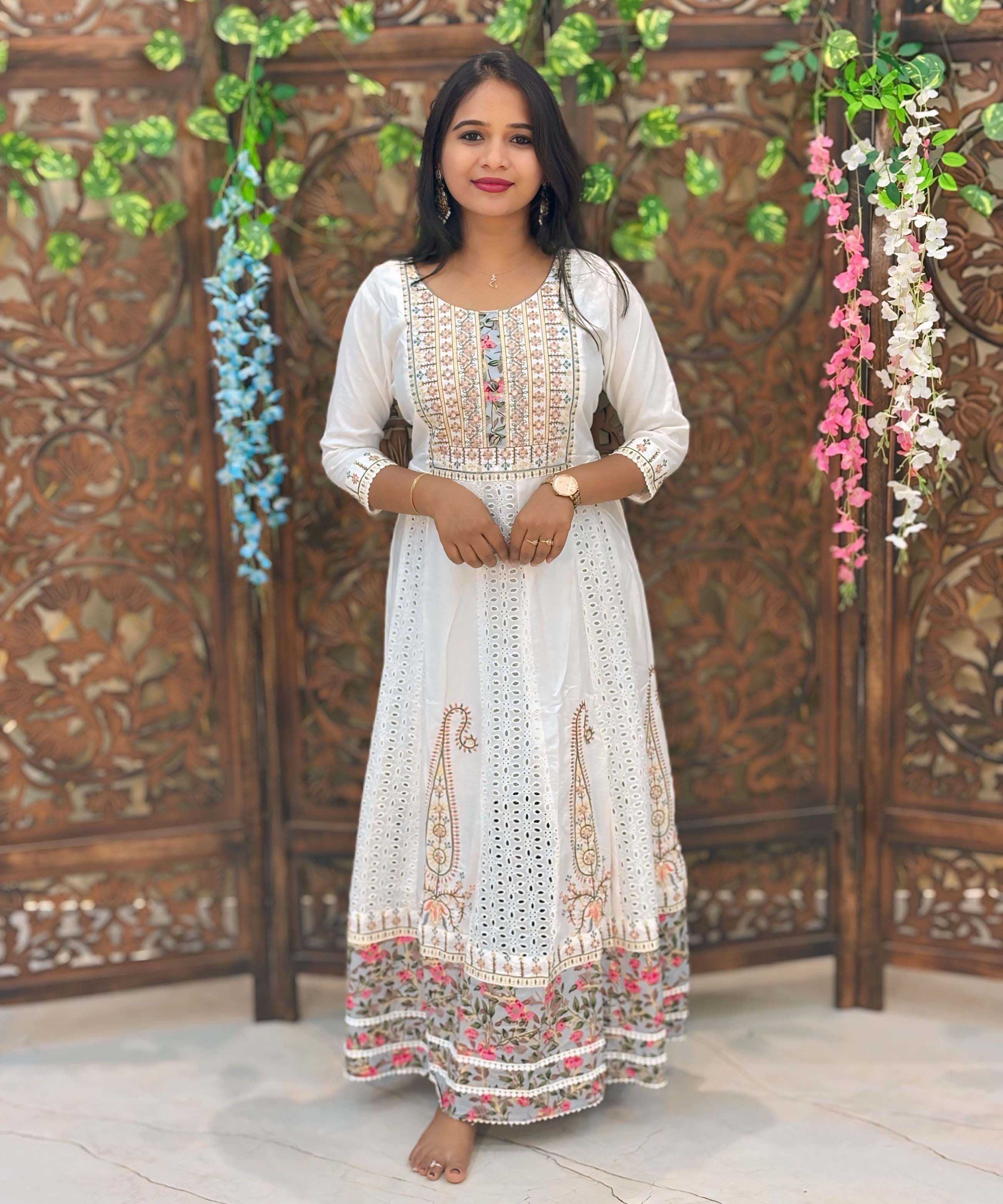 Green and White Premium Anarkali Kurti / ESS338