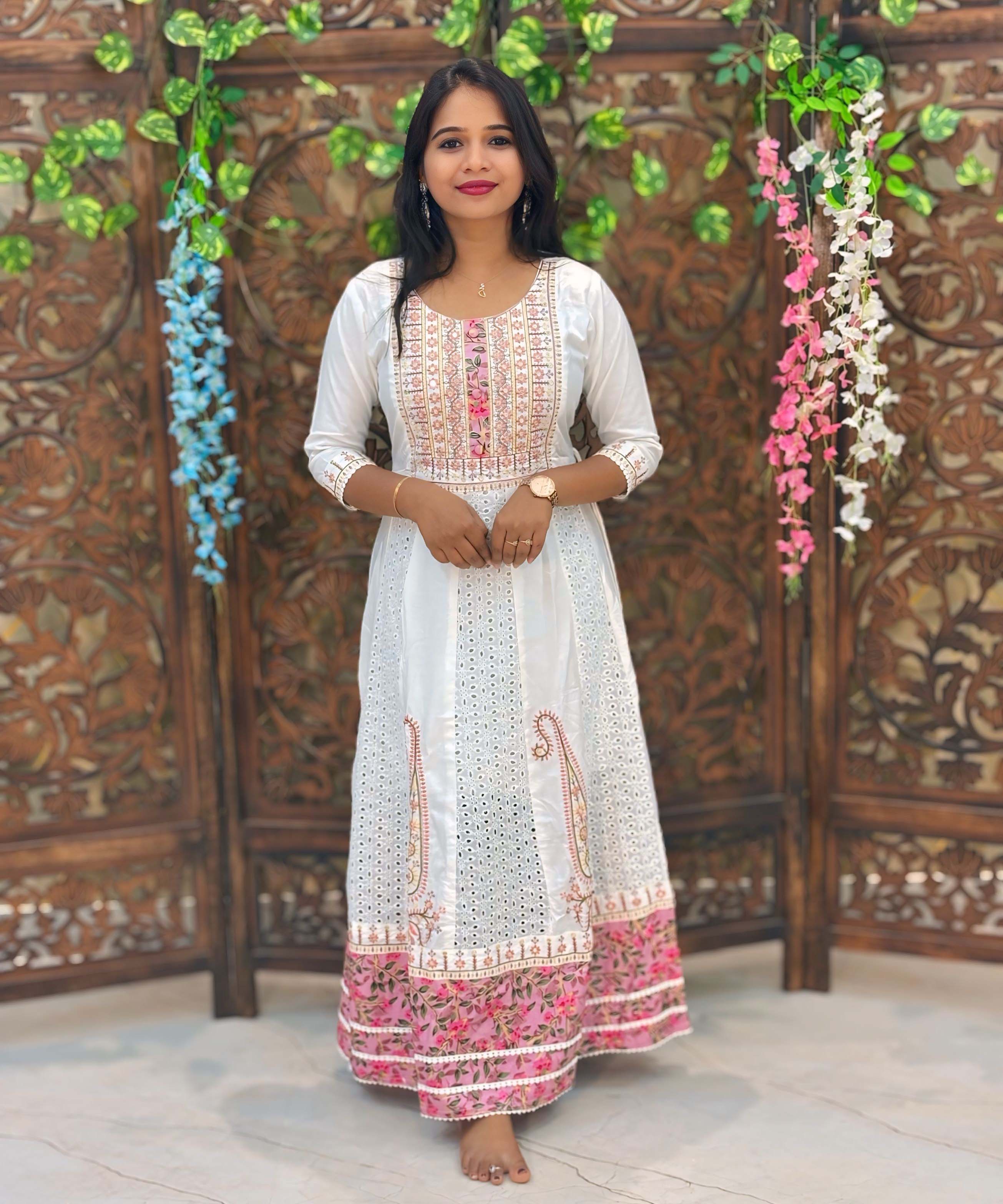 Pink and White Premium Anarkali Kurti / ESS338
