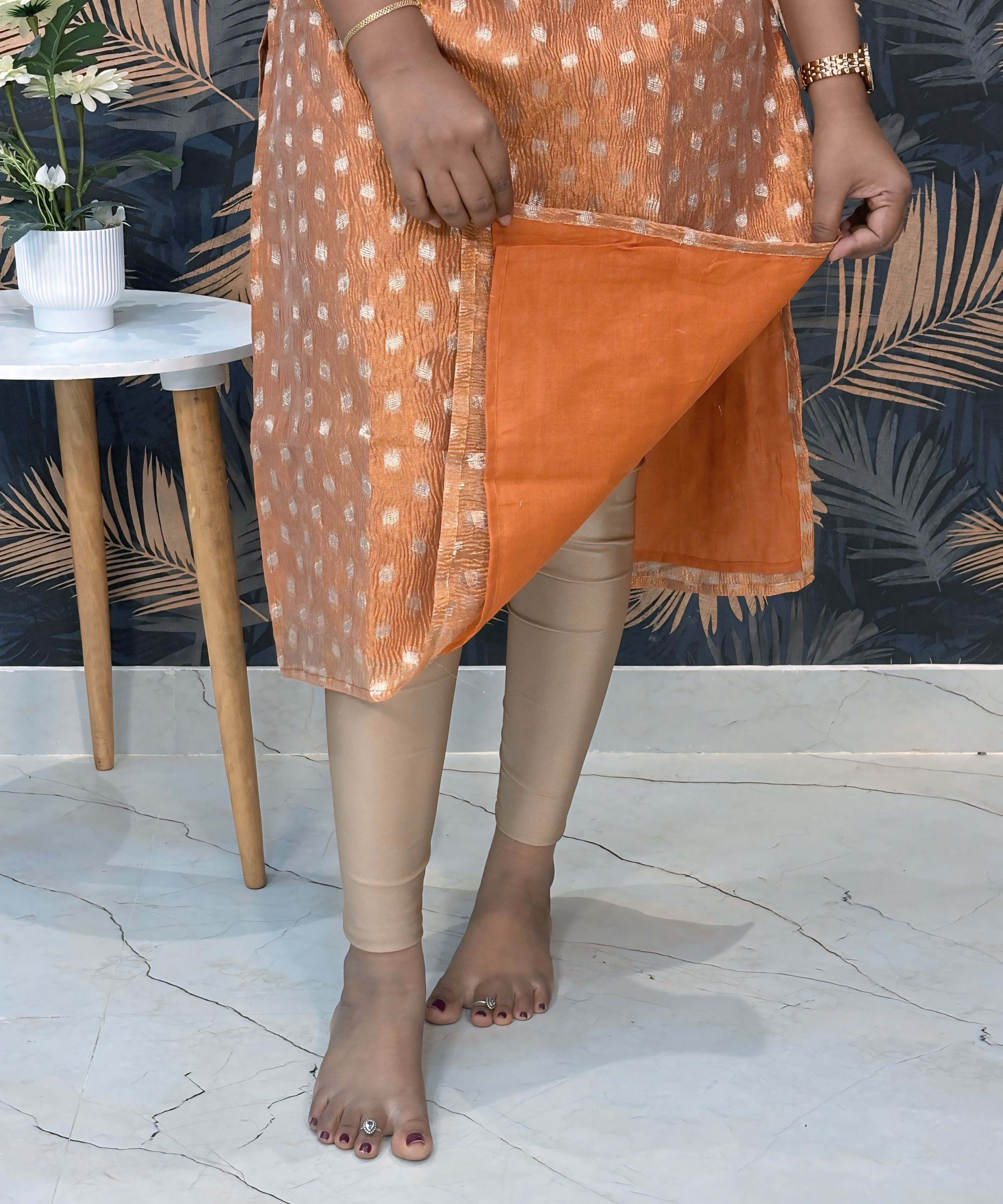 Rust Orange Color Premium Banarasi Crushed Tissue Kurti with Lining / LSS183